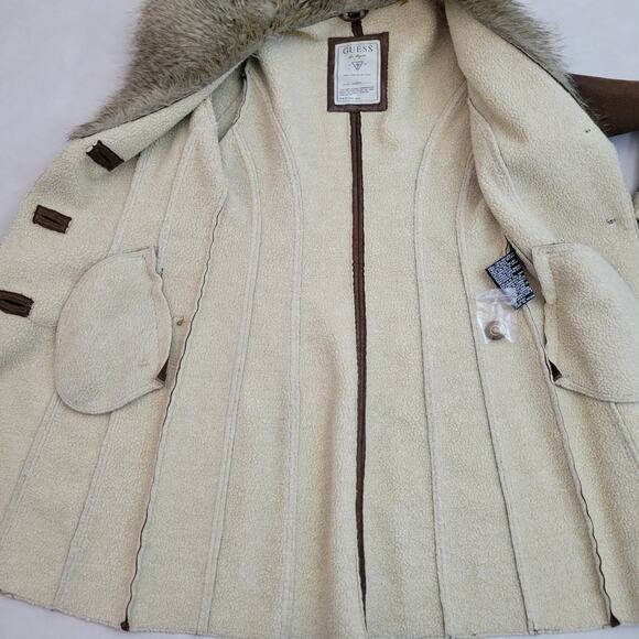 Guess Brown Faux Leather Knee Length Coat Faux Fur Collar Zip Pockets Small - Picture 6 of 13